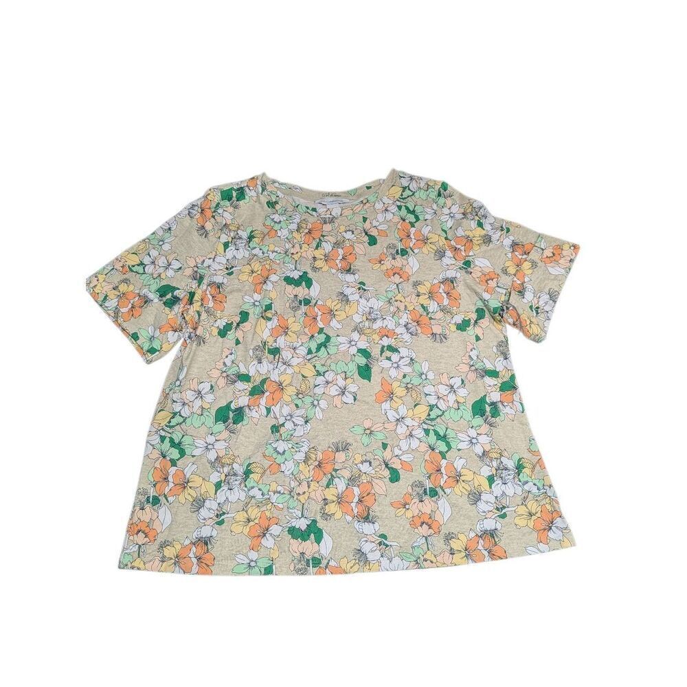 Liz Claiborne Floral Top Cream Short Sleeve Cotton Casual Women's XXL